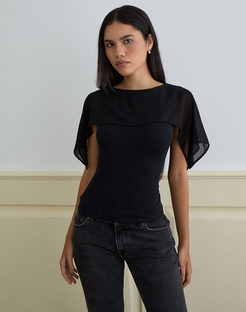 Top Cirata in jersey di rayon e chiffon nero