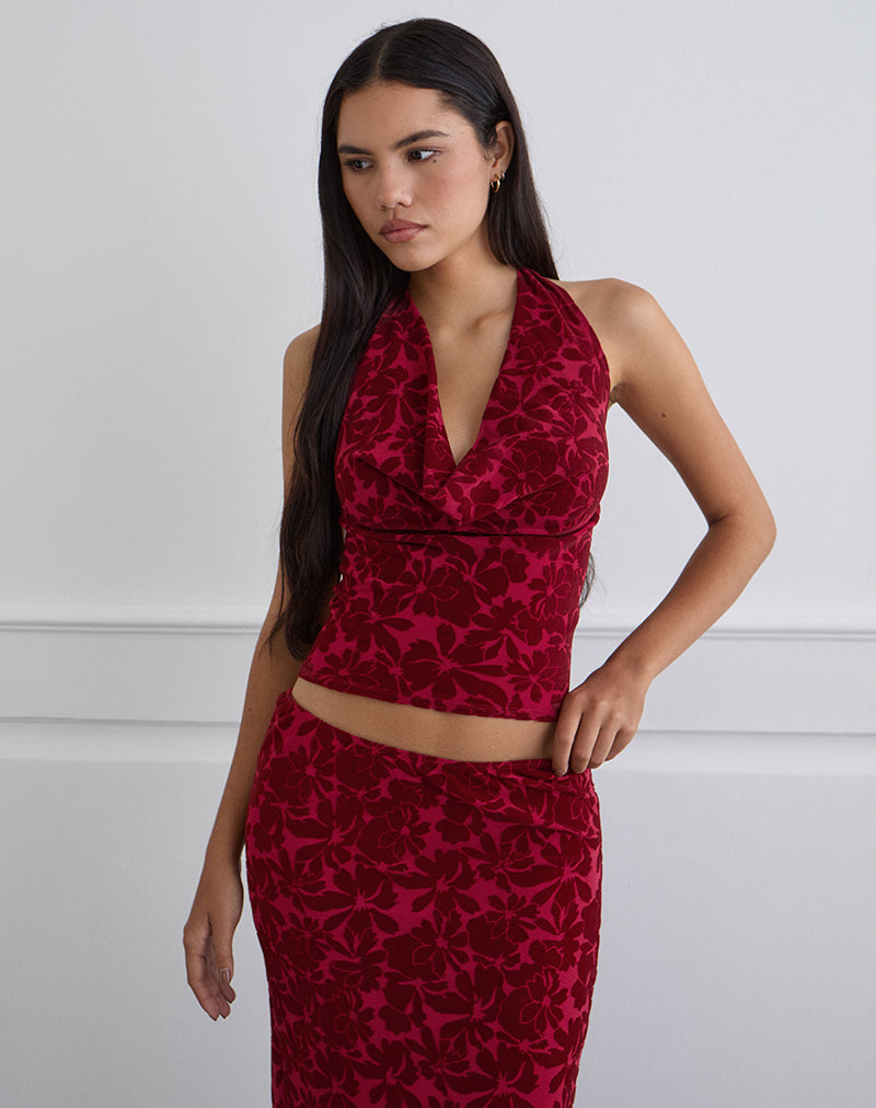 Immagine di Clandy Cowl Top in maglia floccata Flower Cherry