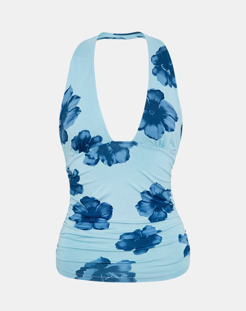 Top Cosimo con collo alto in blu floreale