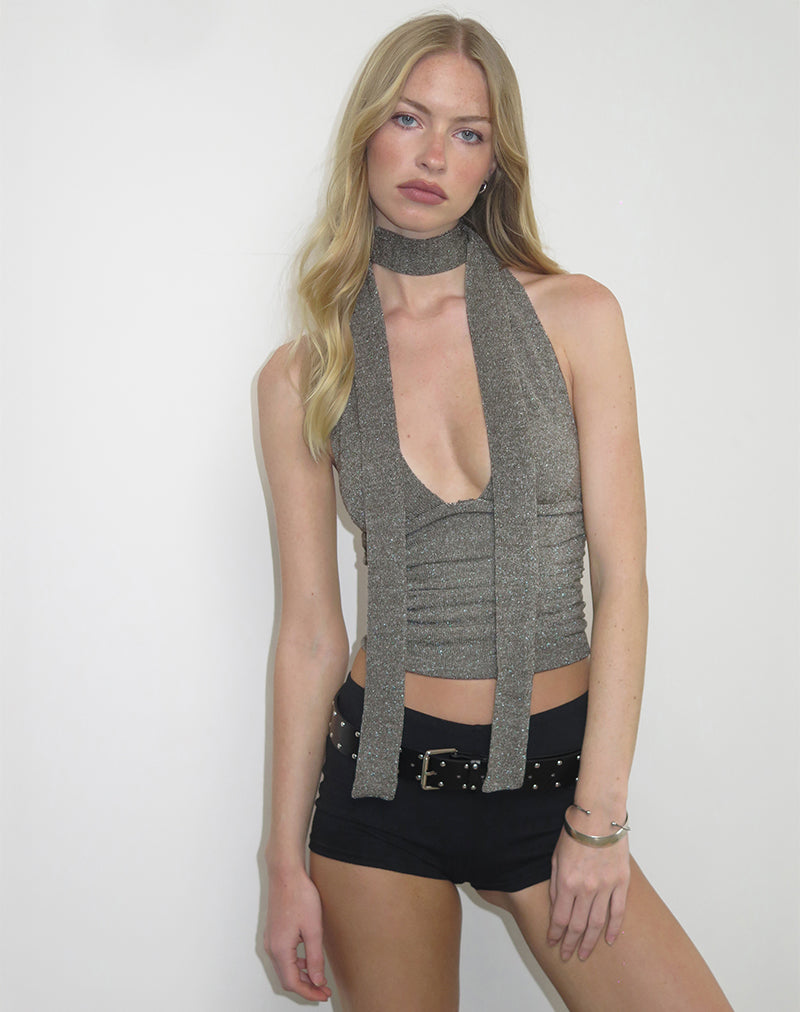 Top Cosimo con collo alto e sciarpa in maglia glitterata Khaki
