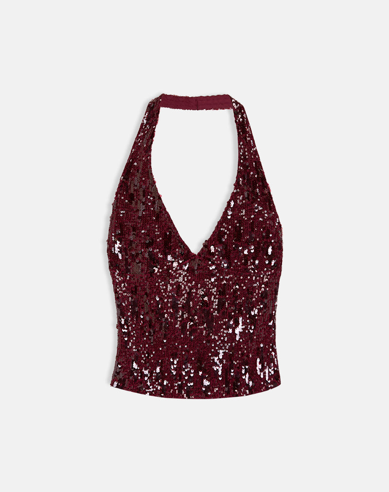 Cosio - Top con halter in mix di paillettes rosso