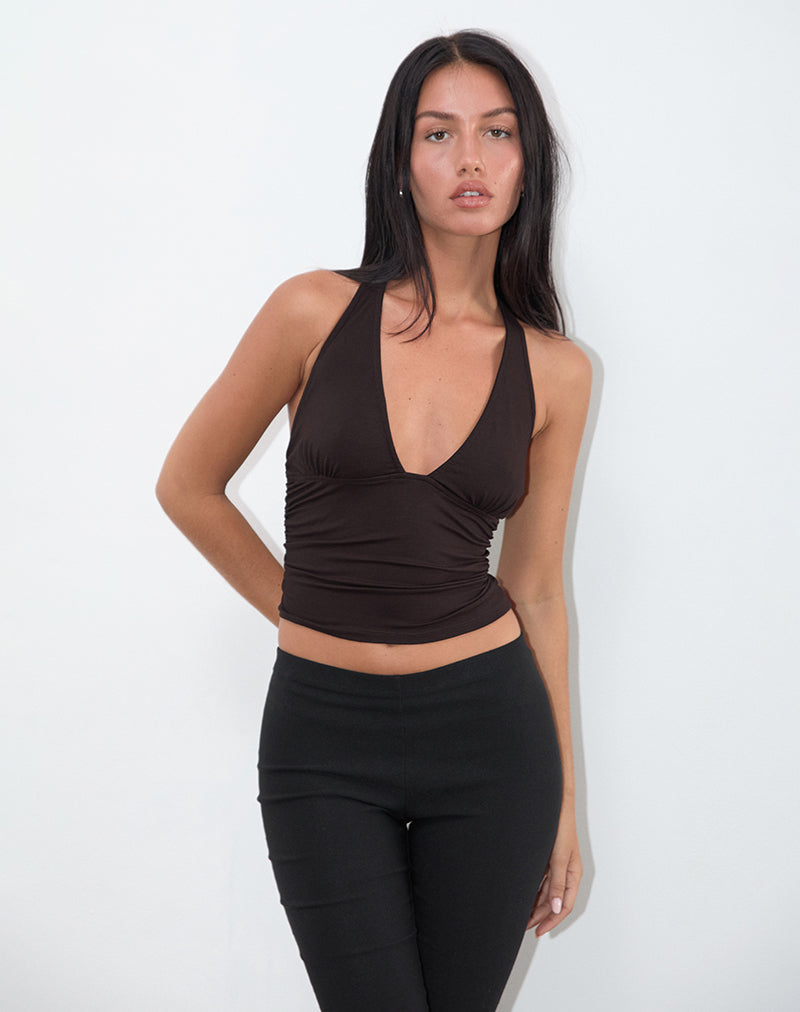 Immagine di Cosmo Halterneck Top in Jersey Chocolate Brown