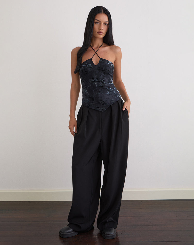 Daiki - Top con scollo a mezzaluna in velluto fogliaceo blu scuro