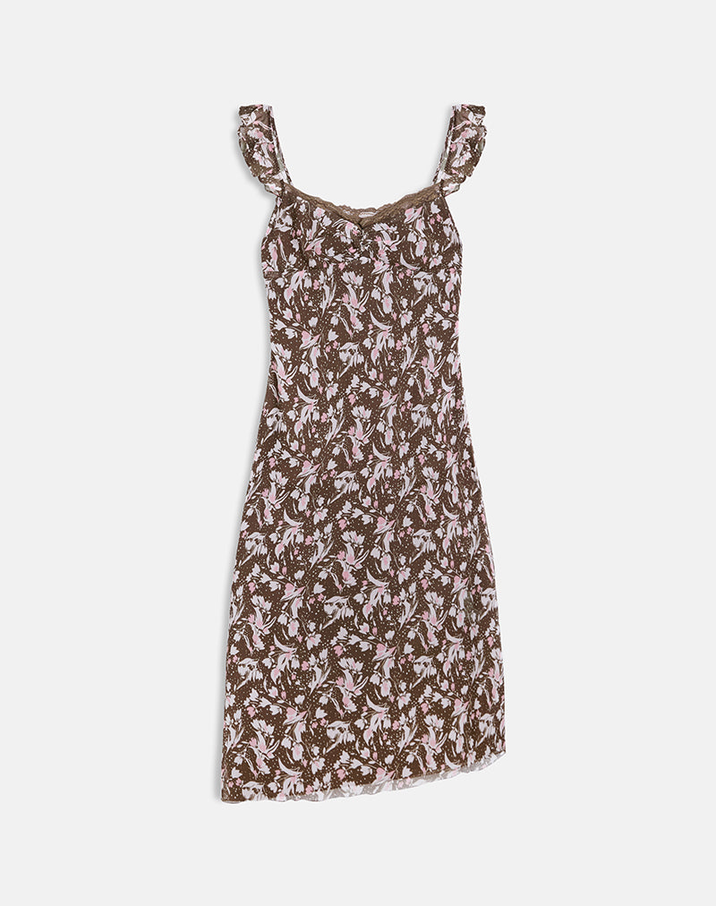 Immagine di Daita Midi Dress in chiffon marrone e rosa a fiori polka
