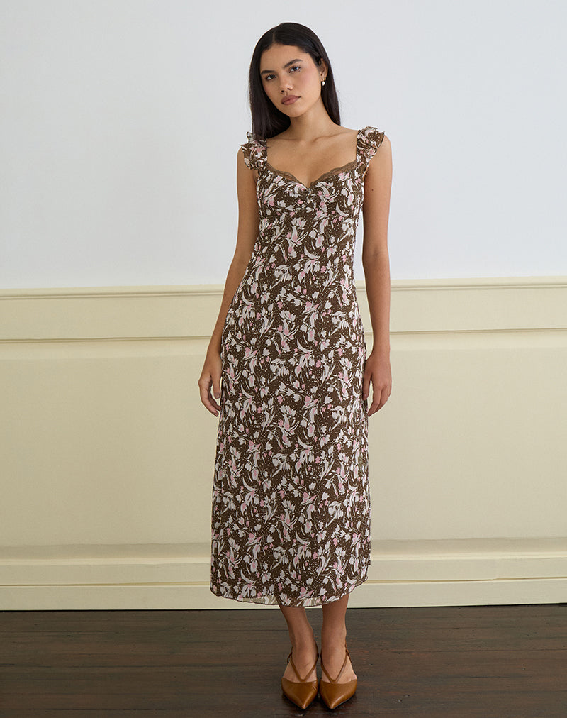 Immagine di Daita Midi Dress in chiffon marrone e rosa a fiori polka