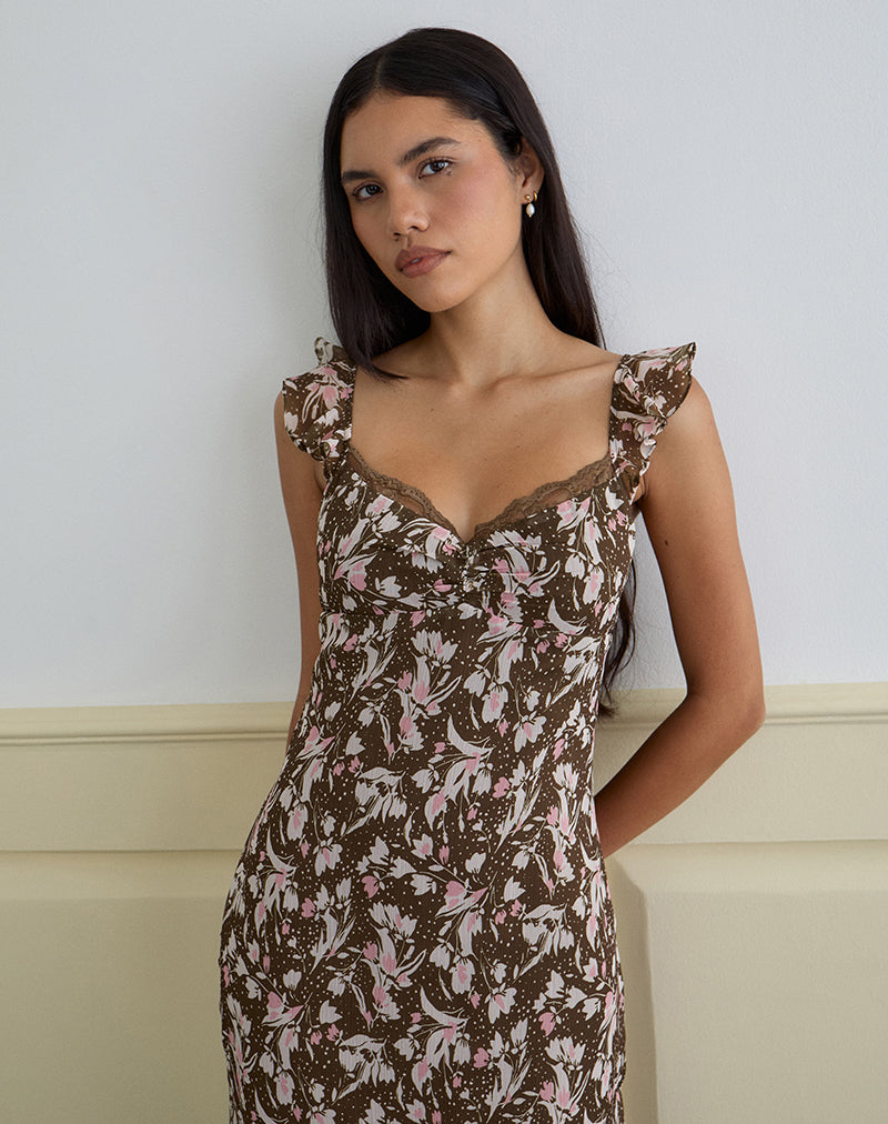 Daita Midi Dress in chiffon marrone e rosa a fiori polka