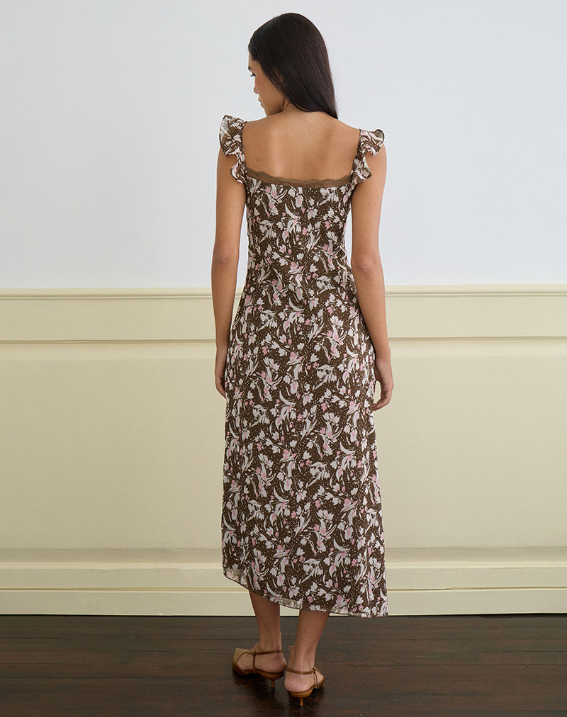 Immagine di Daita Midi Dress in chiffon marrone e rosa a fiori polka