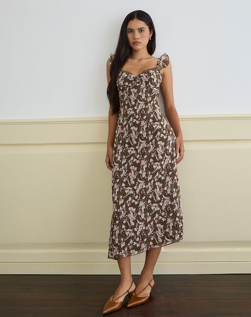 Daita Midi Dress in chiffon marrone e rosa a fiori polka