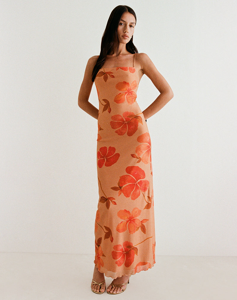 Maxi abito Dalesio in colore arancio ibisco acquerellato