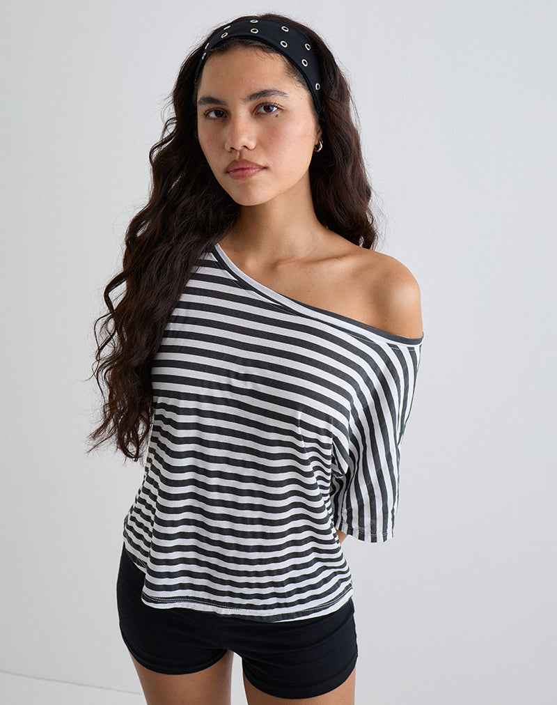 Immagine di Daman Off Shoulder Basic Top in avorio con striscia carbone