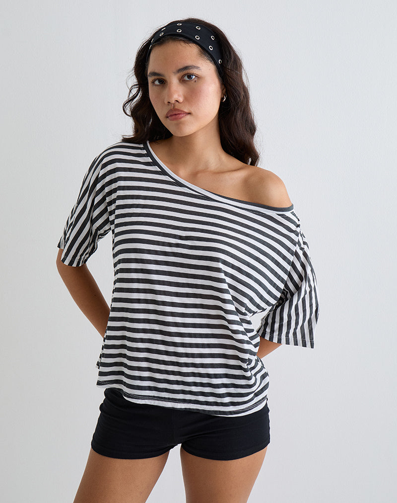 Daman Off Shoulder Basic Top in avorio con riga carbone