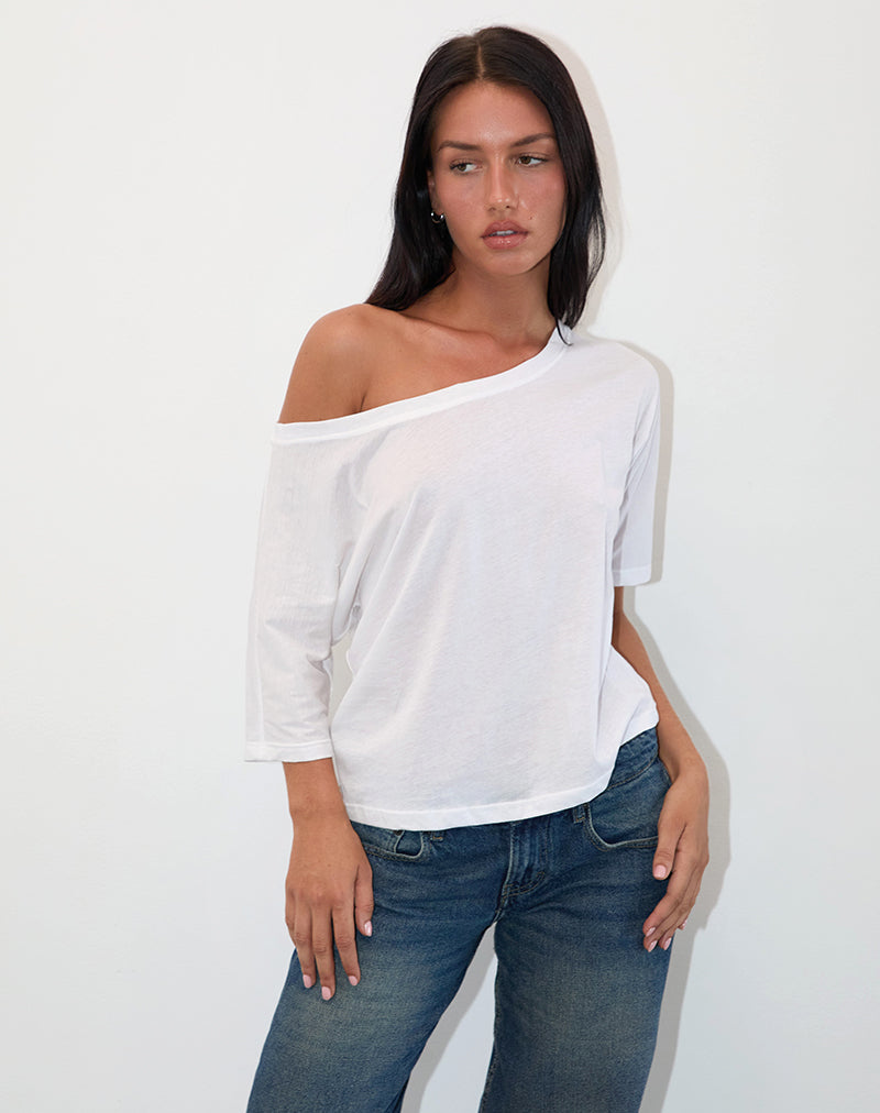 Top Daman Off Shoulder Basic in jersey bianco