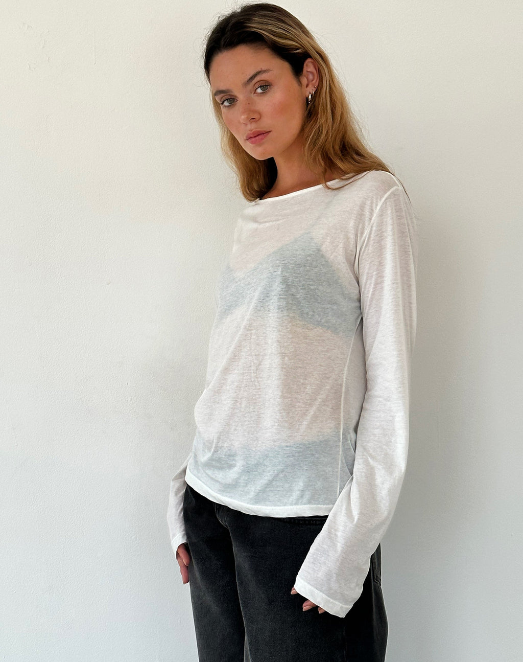Top Damon Baggy a maniche lunghe in jersey di tessuto bianco