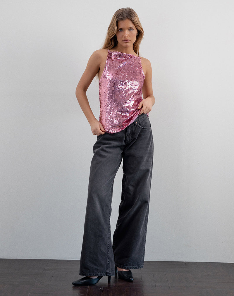 Canotta Damske in paillettes rosa