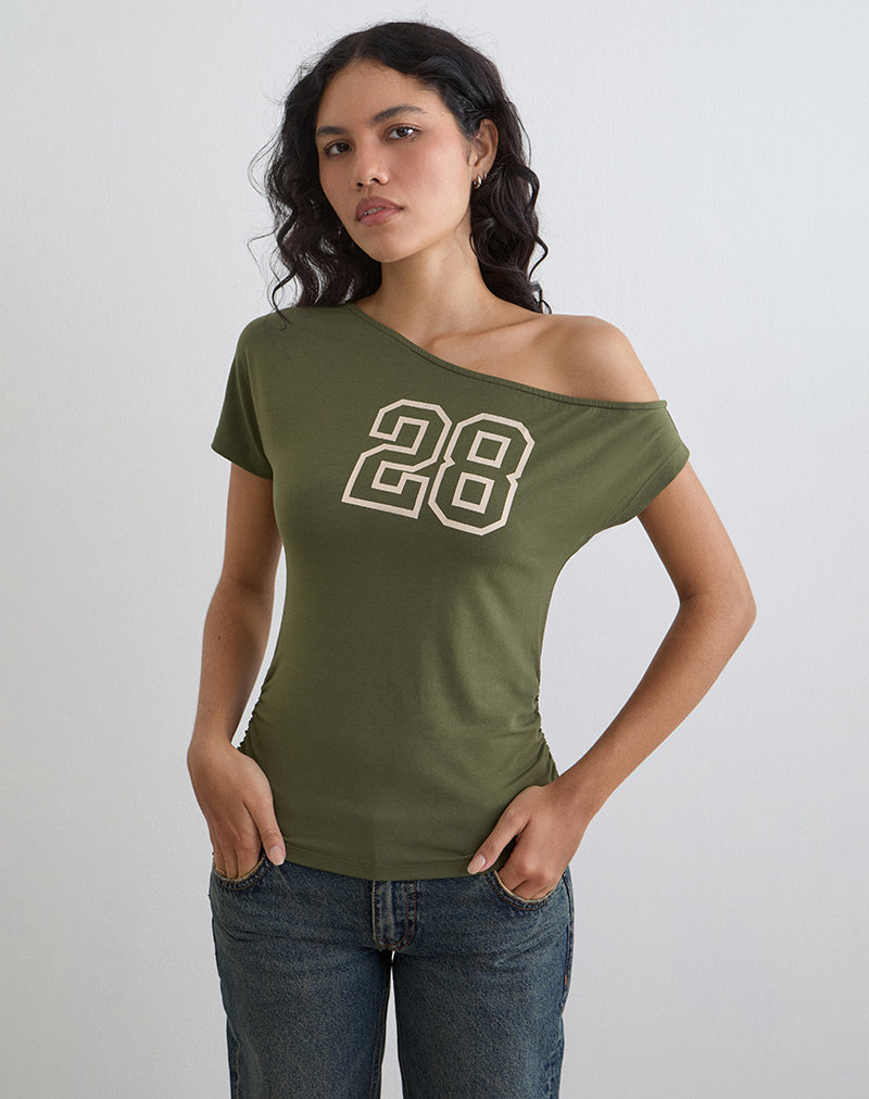 Immagine del top monospalla Danama in jersey di rayon color uva con grafica "28"