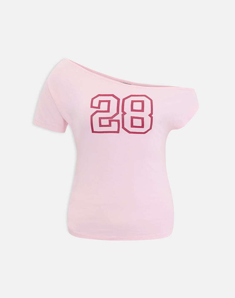 Immagine del top monospalla Danama in jersey di rayon rosa chiaro con grafica "28"