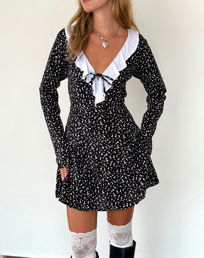 Mini abito a maniche lunghe Darira in Ditsy Romance nero