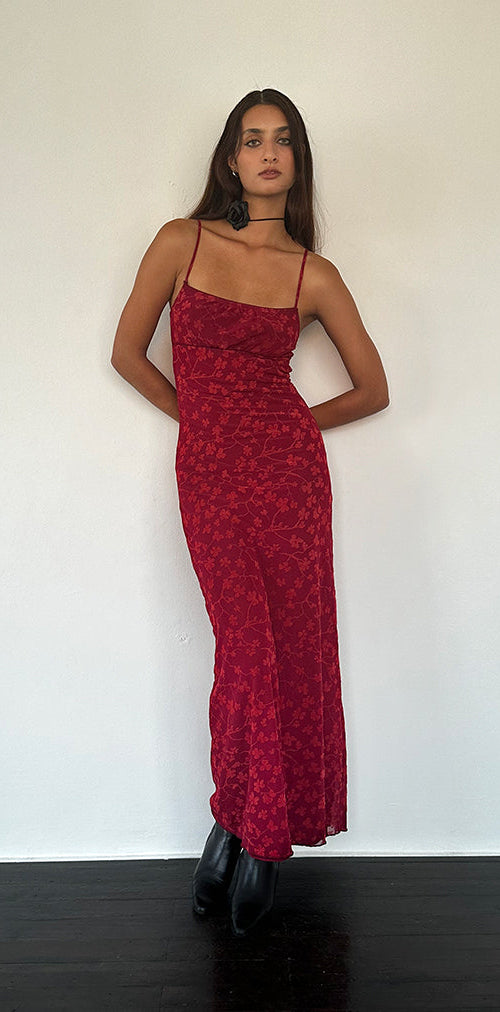 Immagine di Darsih Cami Maxi Dress Rosso Grunge Floreale Flock