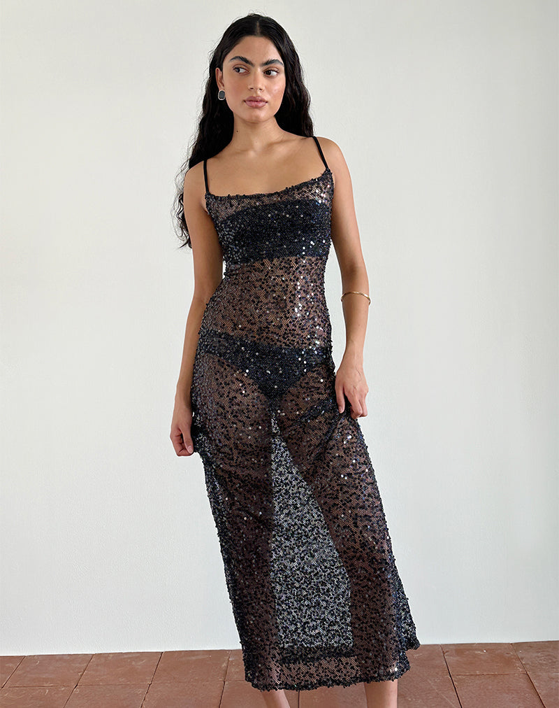 Maxi abito Darsih in maglia di paillettes nero