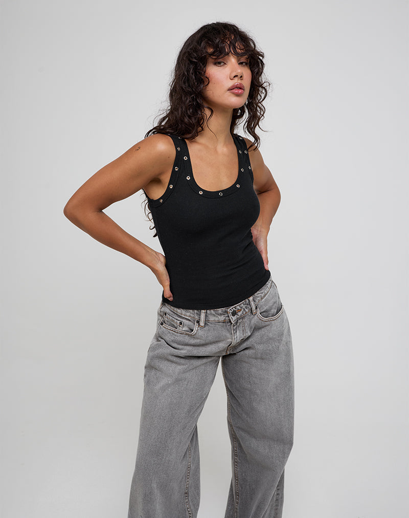 Immagine di Dax Eyelet Ribbed Vest Top in nero
