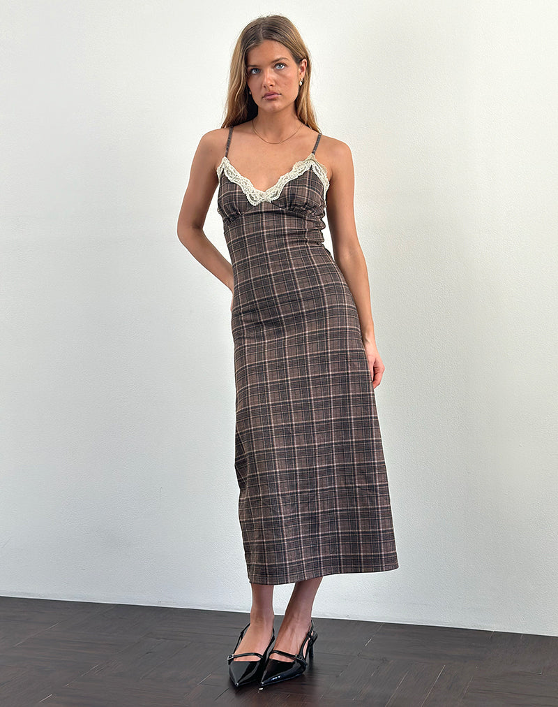 Immagine di Delfina Midi Dress in pizzo marrone check