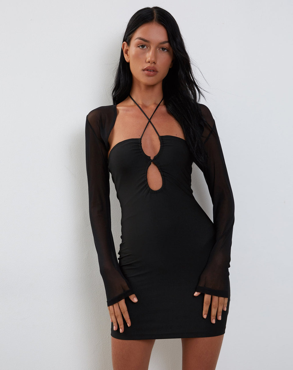 Mini abito a maniche lunghe Deluna in lycra nera