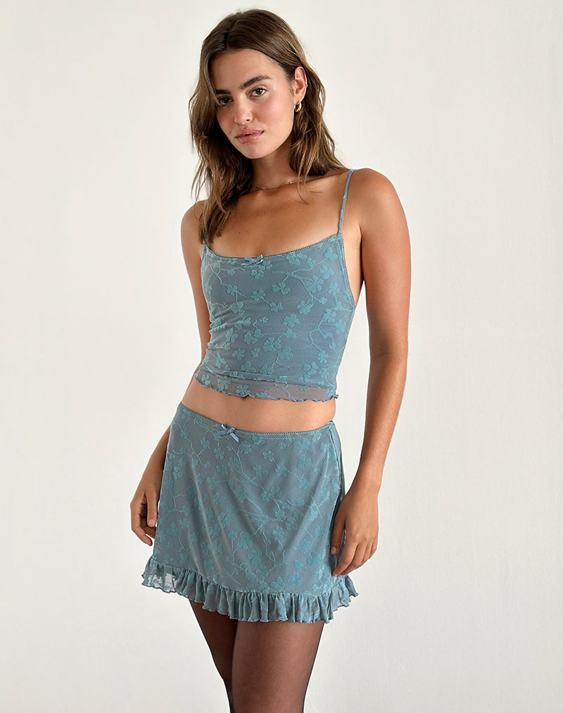 Deri Cami Top con stampa floreale grunge blu e grigio