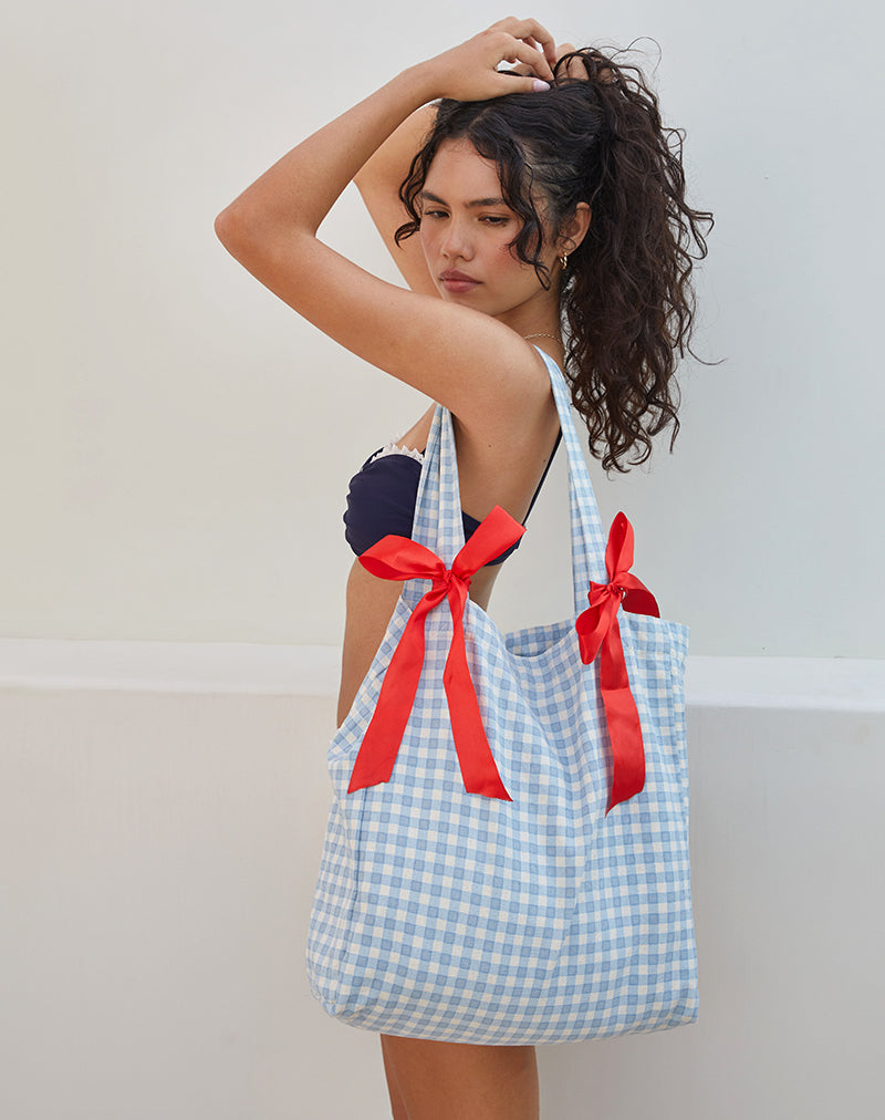 Borsa Barbara in percalle blu con fiocco rosso