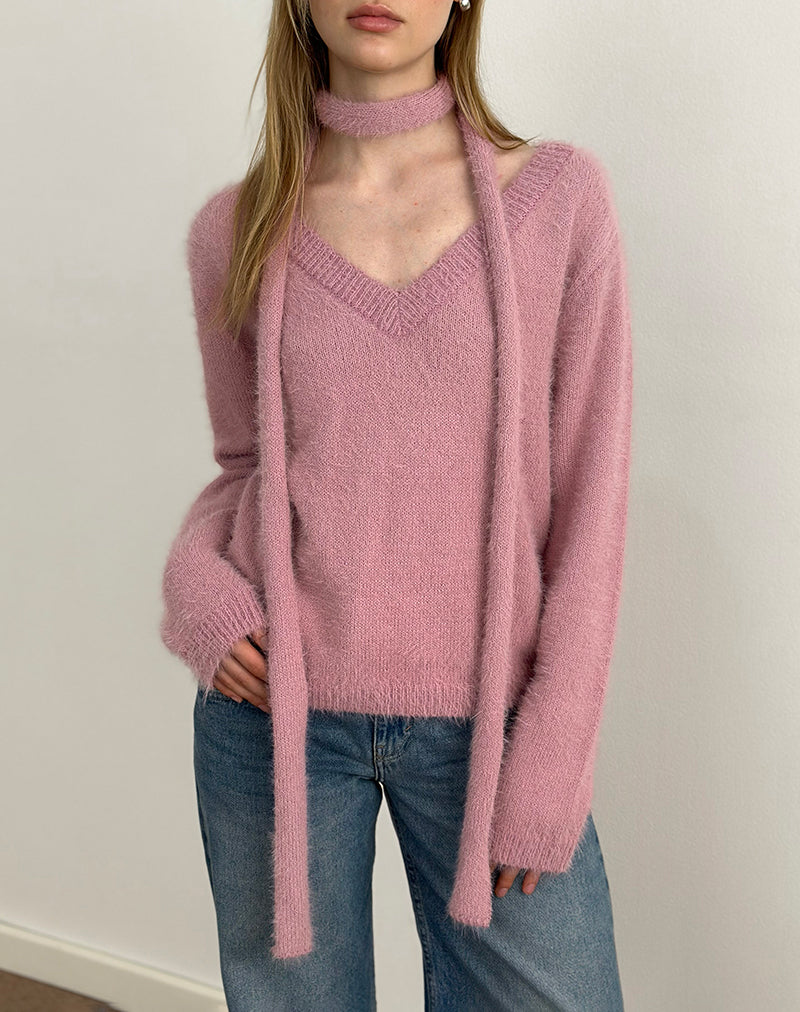 Immagine di Dikara: maglione con sciarpa in maglia rosa polvere