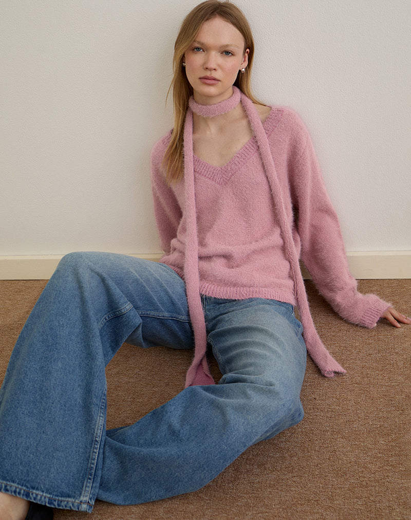 Immagine di Dikara: maglione con sciarpa in maglia rosa polvere