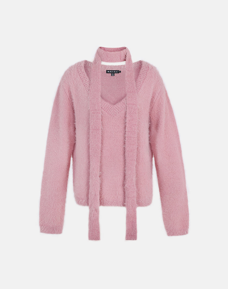 Immagine di Dikara: maglione con sciarpa in maglia rosa polvere