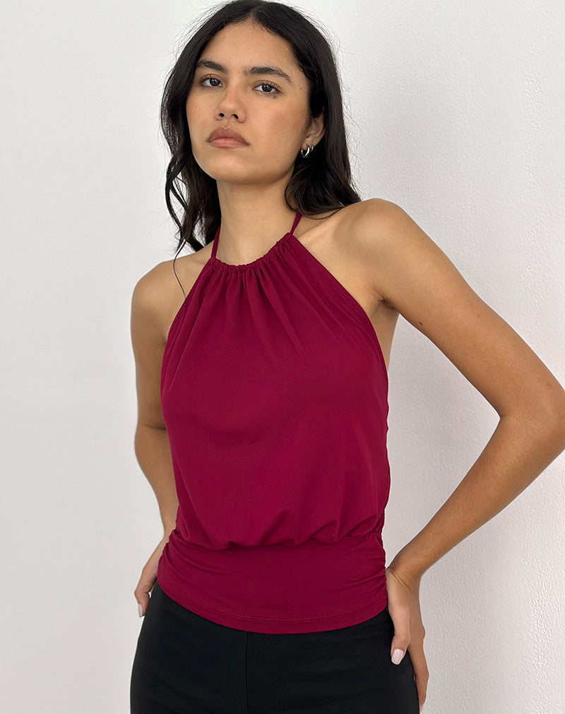 Image of Diraka High Neck Top in Rayon Jersey Burgundy