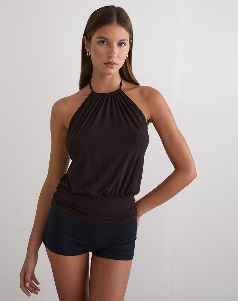 Diraka High Neck Top in Rayon Jersey Chocolate Brown