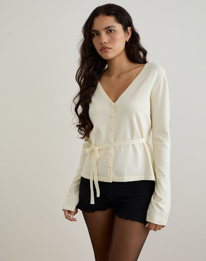 Cardigan Divya con cravatta in maglia crema