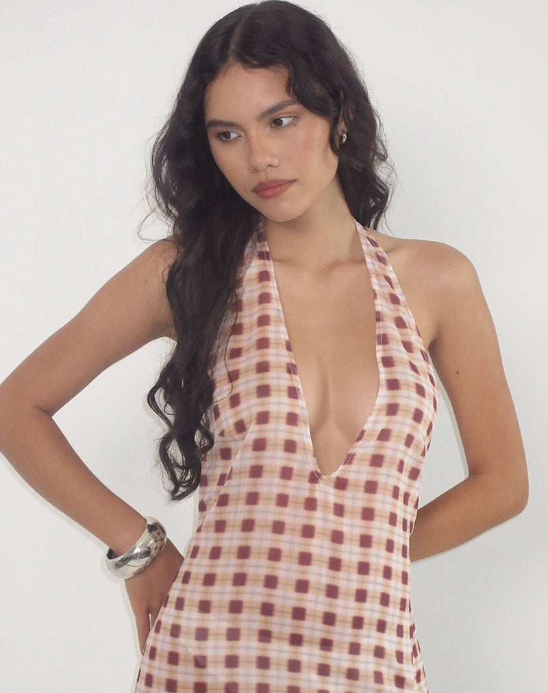 Maxi abito Driti in chiffon a quadri sfumati color pesca