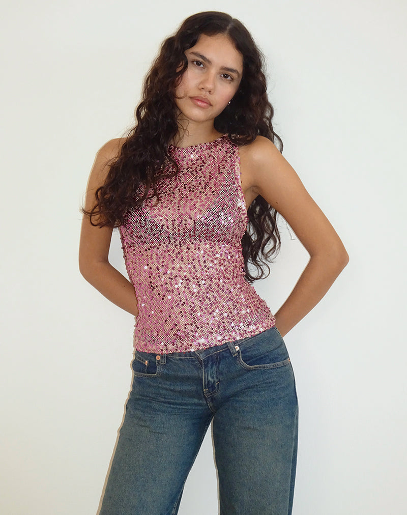 Immagine della canottiera Dudley in maglia di paillettes oro rosa