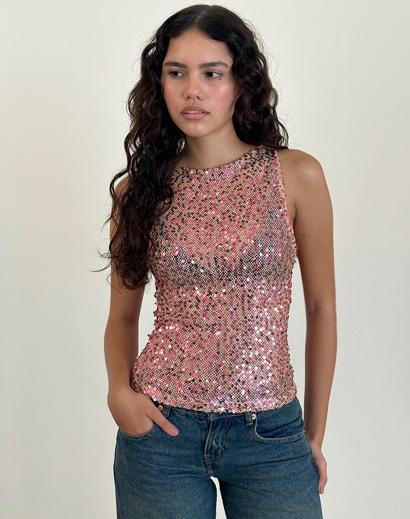 Immagine della canottiera Dudley in maglia di paillettes oro rosa