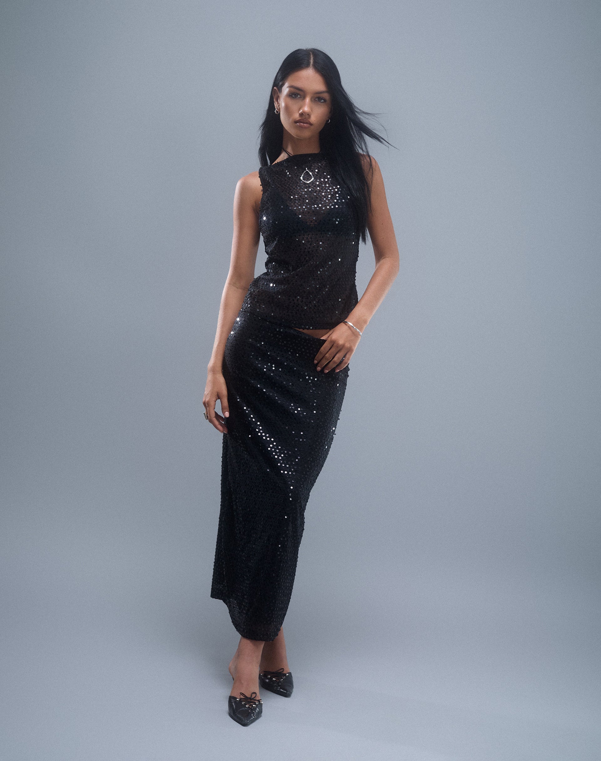 Immagine di Tresha Maxi Gonna in maglia di paillettes Nero