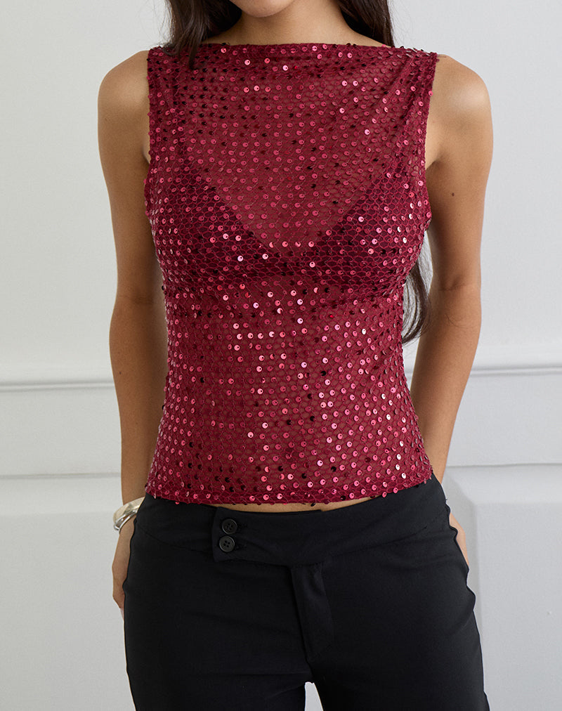 Immagine di Dudley Gilet Top in maglia di paillettes Borgogna