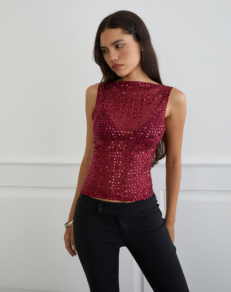 Immagine di Dudley Gilet Top in maglia di paillettes Borgogna