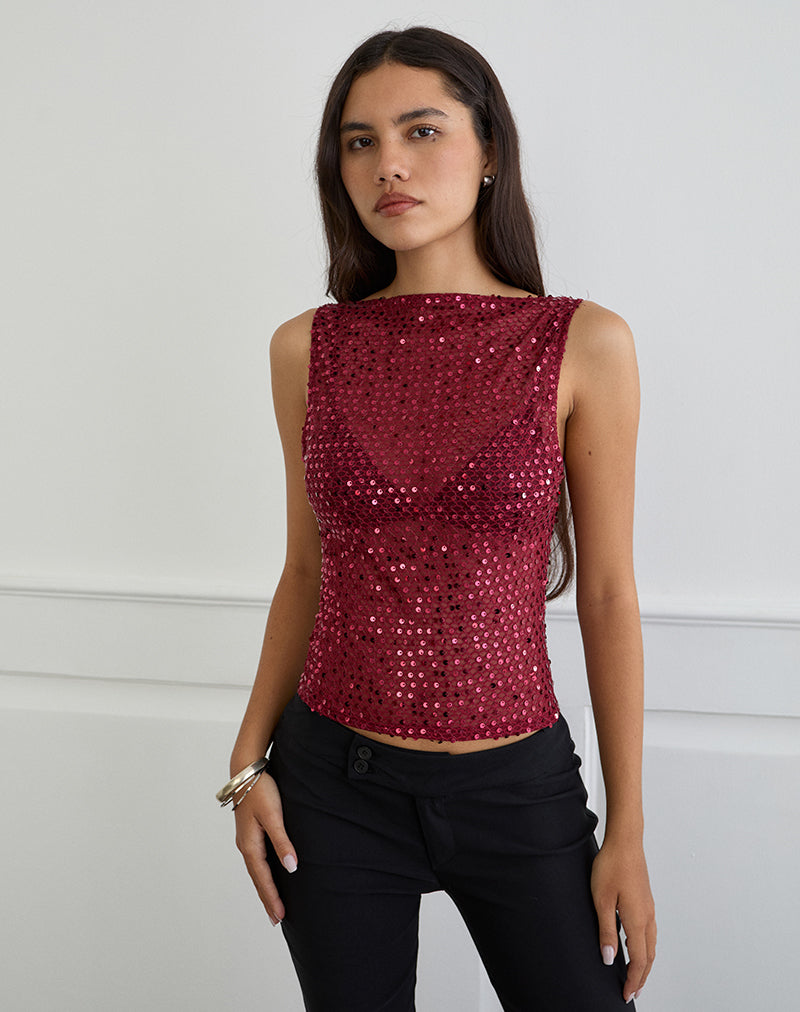Immagine di Dudley Gilet Top in maglia di paillettes Borgogna