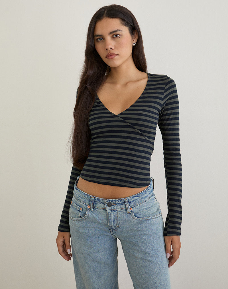 Dulcet - Top a coste da annodare a strisce classiche blu e grigie