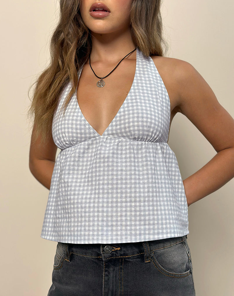 Top Eldana in mini gingham blu e grigio