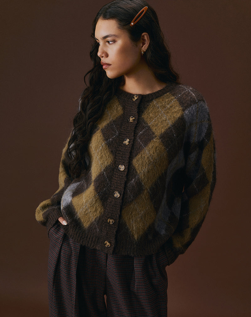 Immagine del cardigan Eliana in maglia argyle marrone