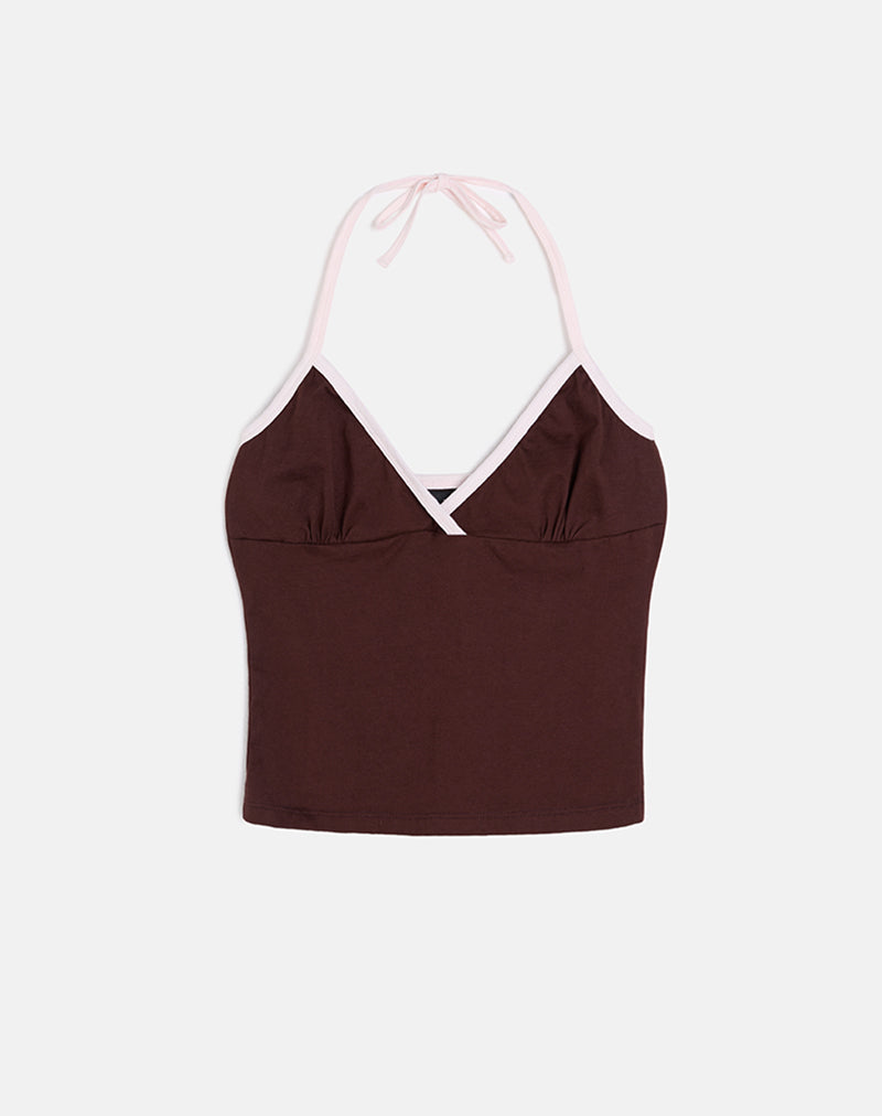 Elspe Halter Top in cioccolato amaro con bordatura rosa chiaro