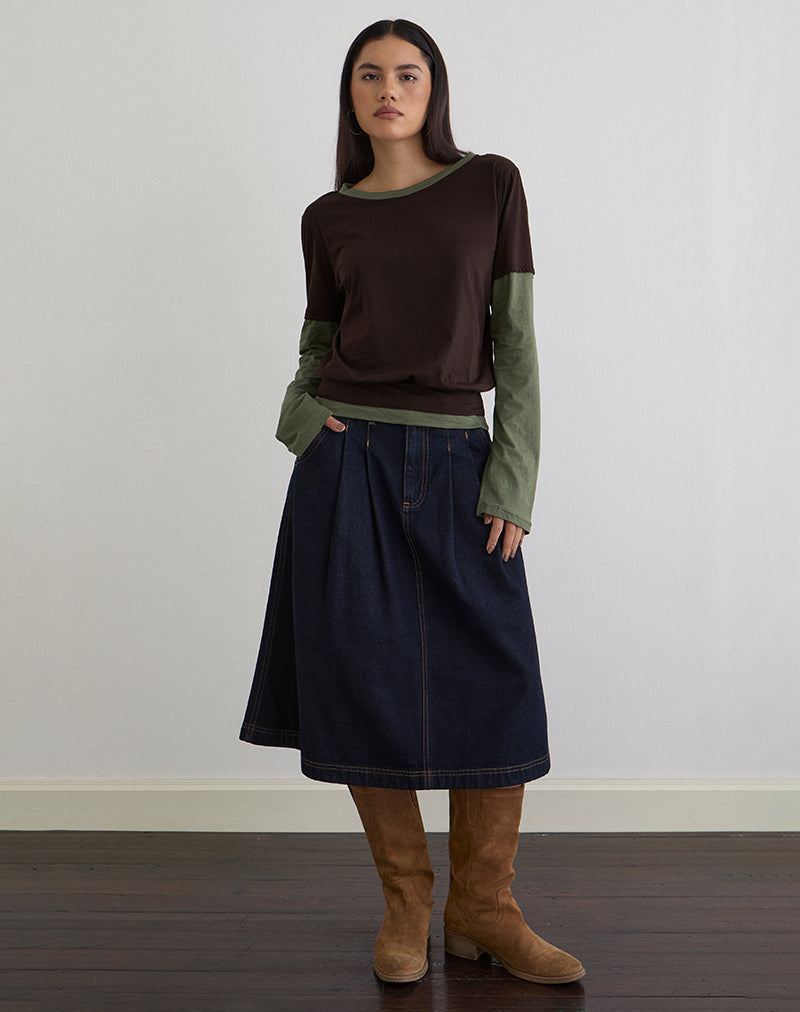 Immagine della maglia a maniche lunghe Enidy in jersey, combinazione cioccolato e kaki