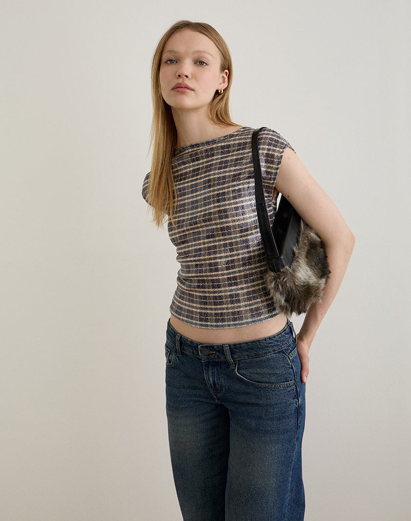 Top Erica in paillettes vintage check marrone