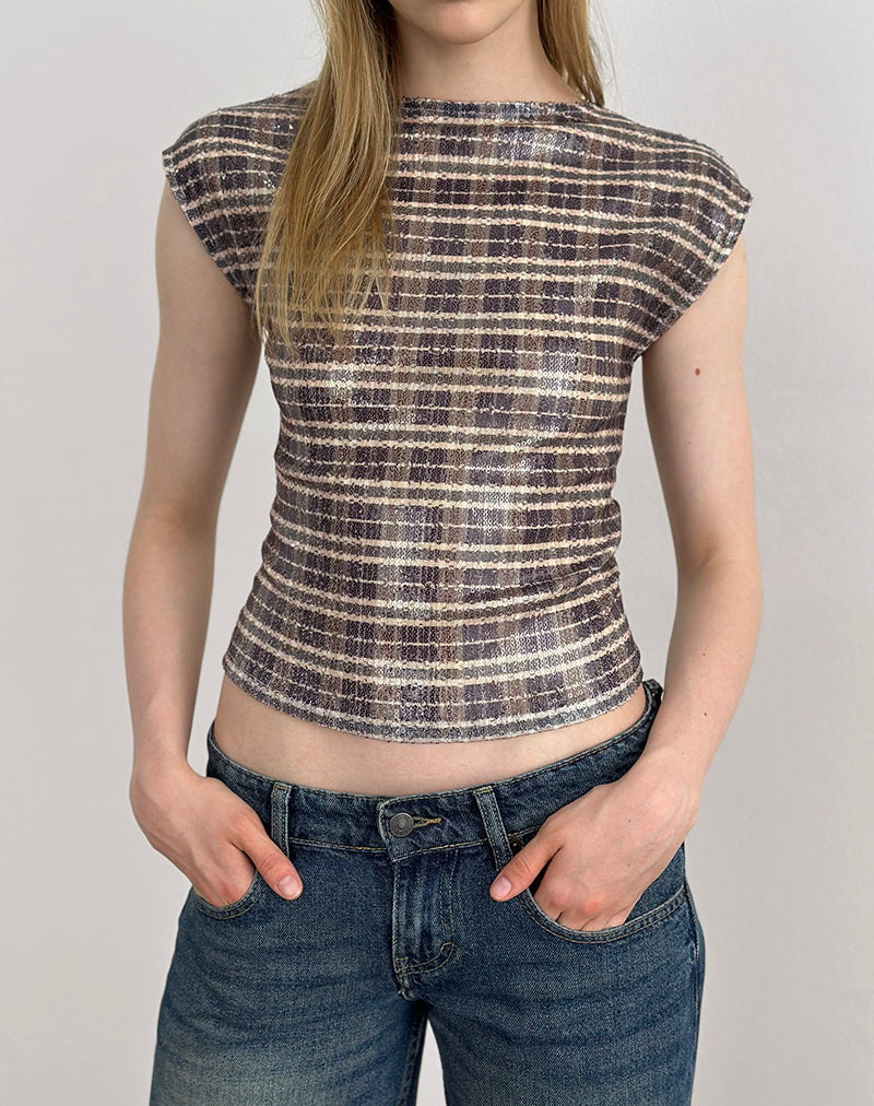 Top Erica in paillettes vintage check marrone