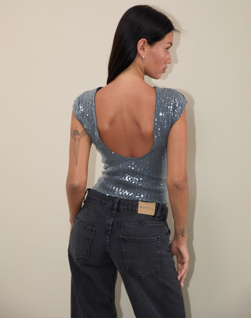 Top Erika con schienale basso in paillettes scintillanti color carbone