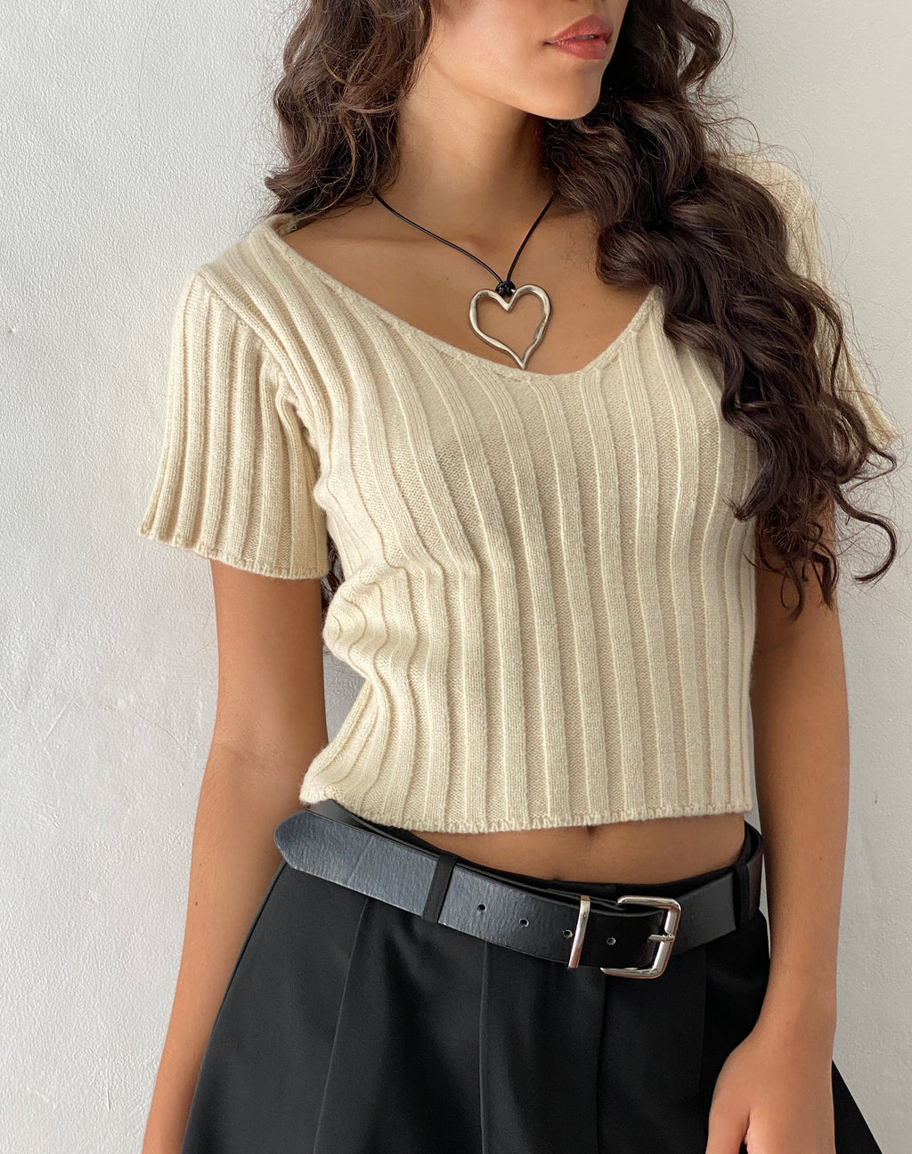 Estella - Top in maglia a maniche corte in avena naturale